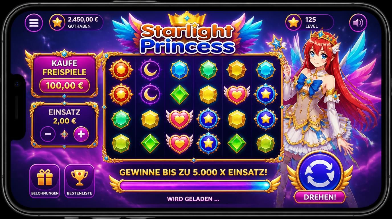 Smartphone mit „Starlight Princess“-Interface und schnellem Ladebalken – mobiler Spielstart