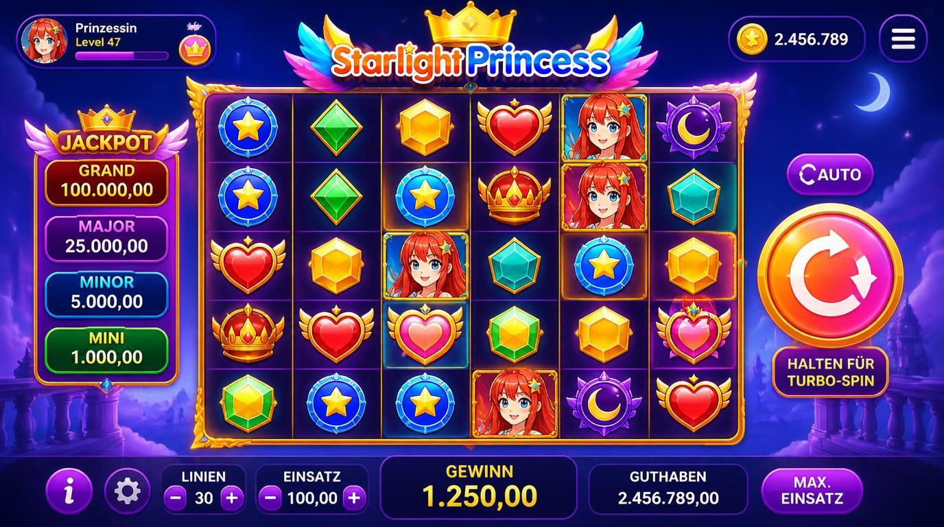 Ein Interface mit lebendigem Raster, hellen Farben, Anime-Symbolen und deutlich sichtbarem Spin-Button